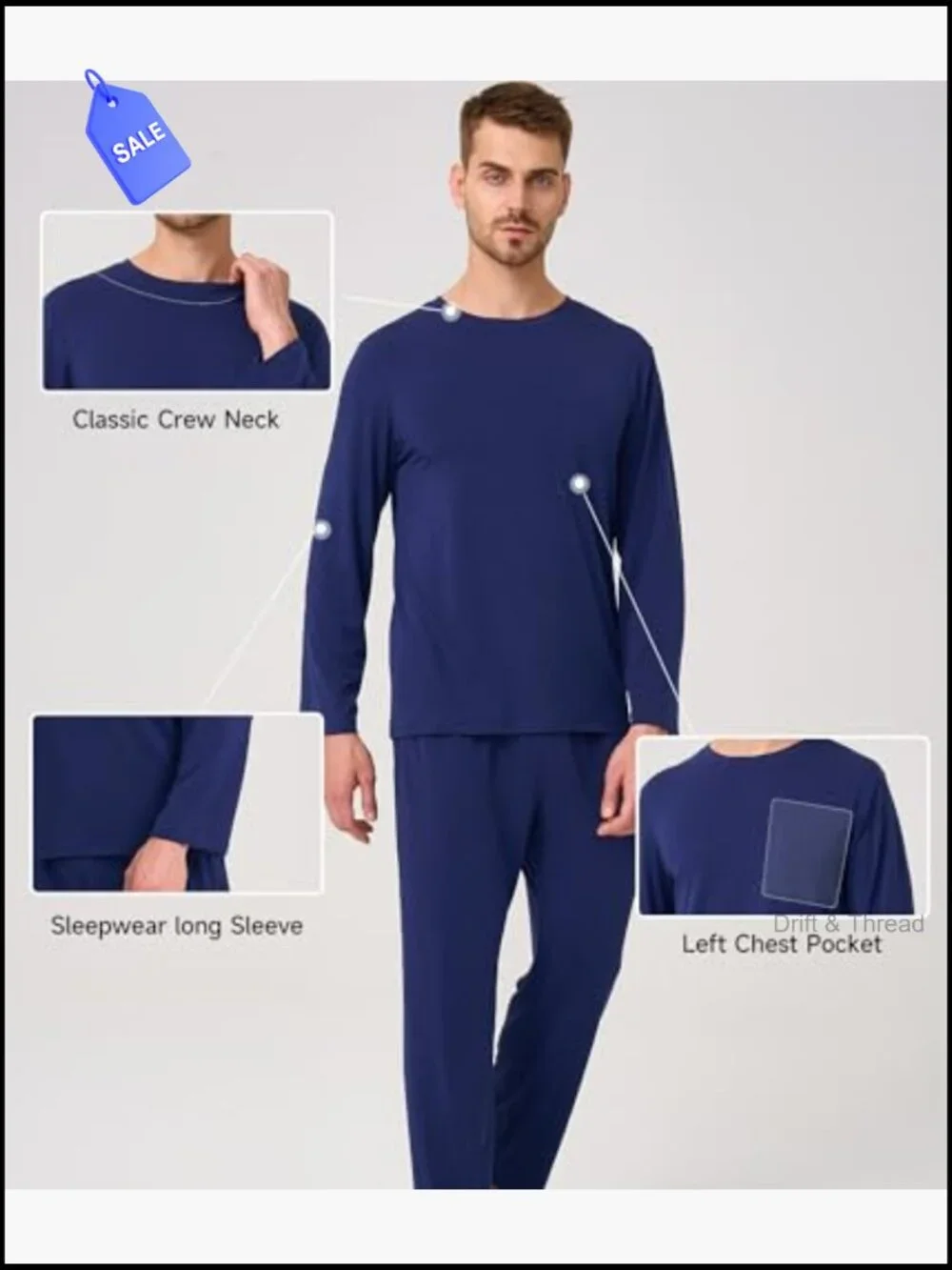 Men's Long Sleeve Pajama Set with Pockets - Soft Breathable Lounge Sleepwear